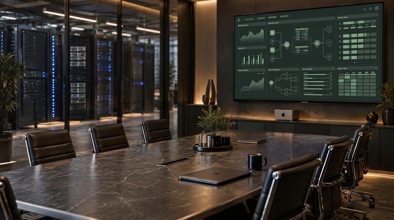 Executive boardroom overlooking a glass-walled data center, large wall display showing operational status