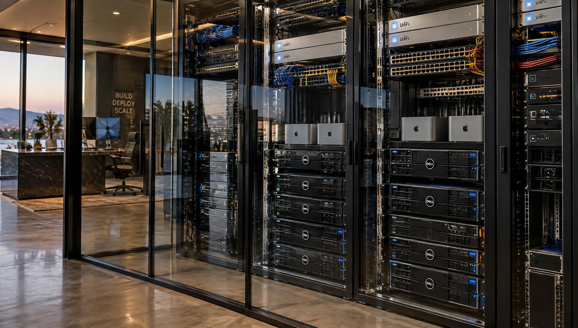 Private AI compute room behind architectural glass