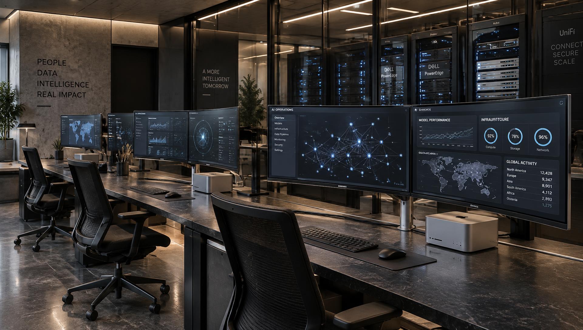 Open operations workspace with dual curved monitors and Mac Studios beside a glass-walled server room