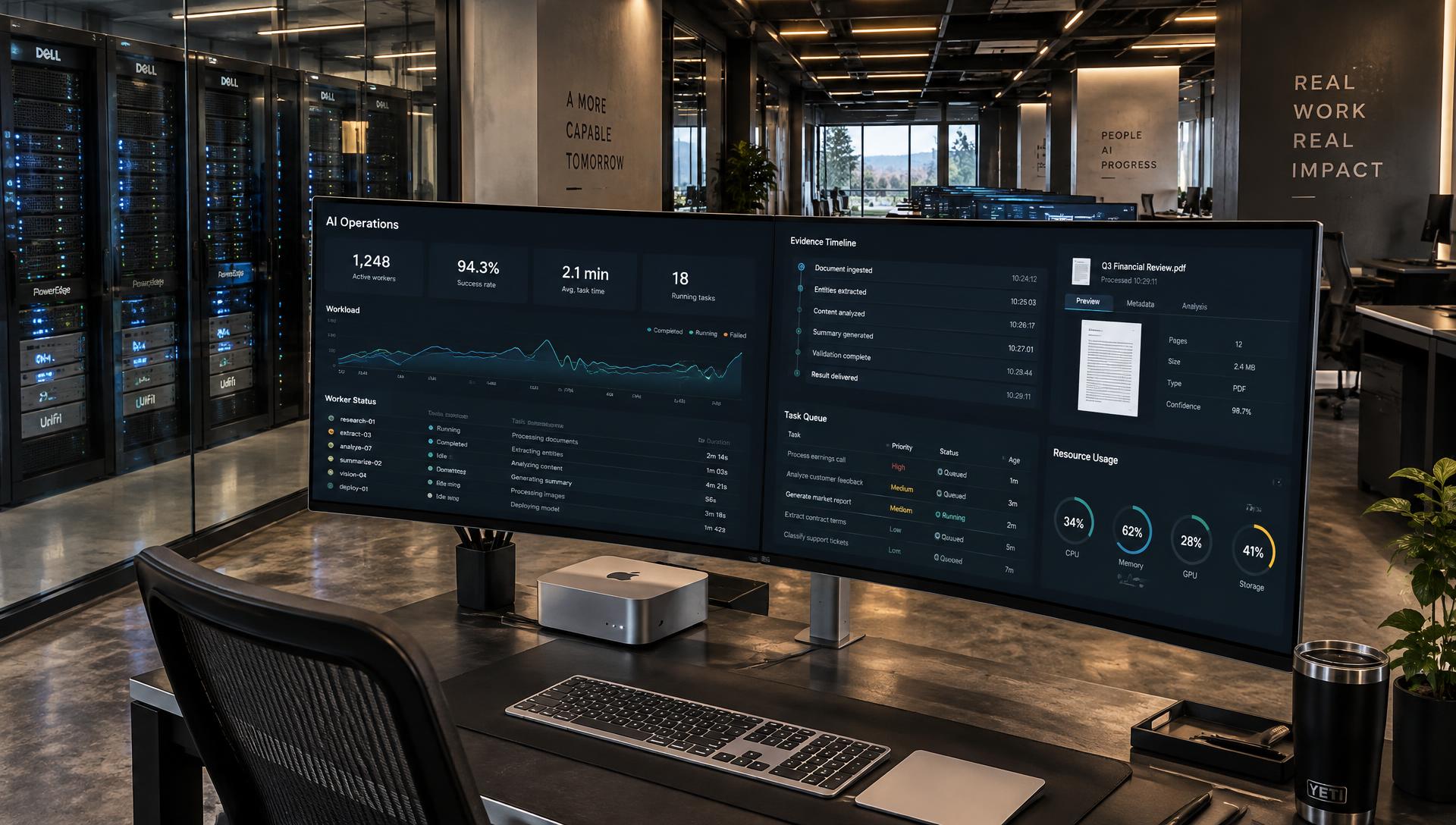 Open workstation with dual curved monitors and Mac Studio, server room visible through glass